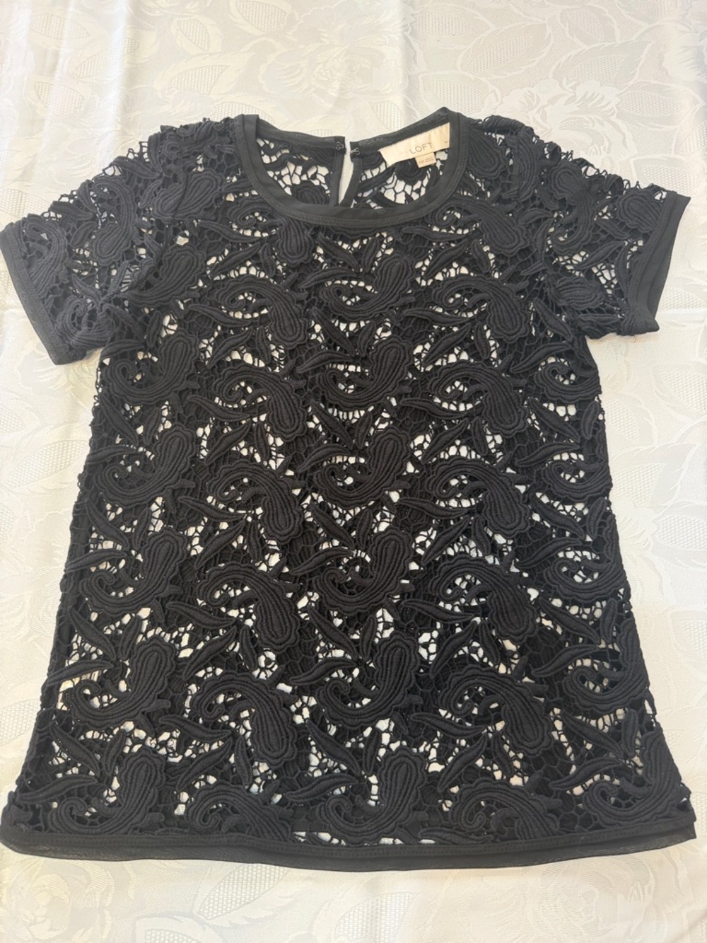 LOFT Black Crochet Lace Short Sleeve Tee